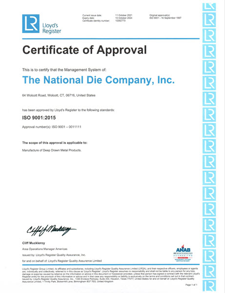 National Die Co ISO 9001:2008 Certificate