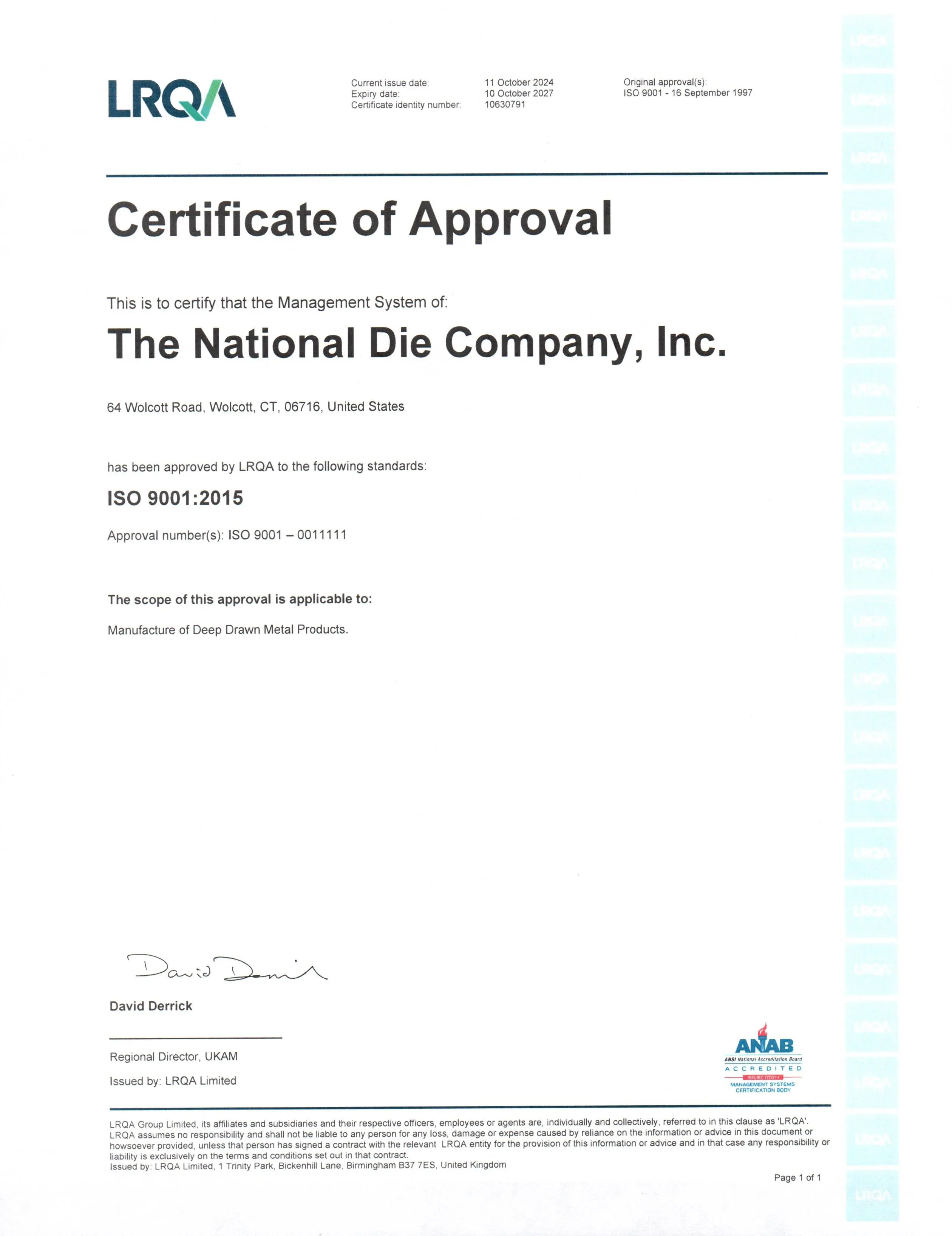 National Die Co ISO 9001:2008 Certificate